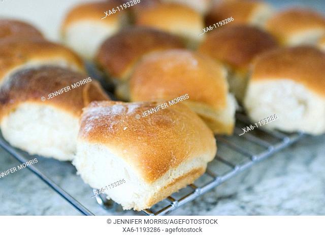 Freshly baked bread rolls cooling on a rack