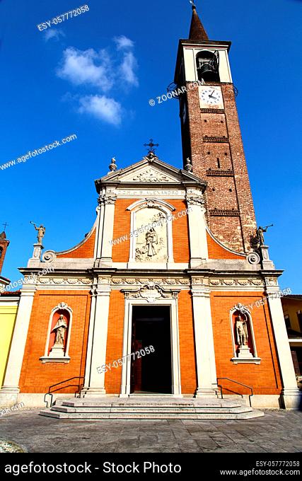 in the mozzate  old  church closed brick tower sidewalk italy lombardy