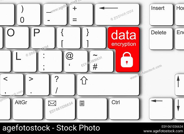 A data encryption lock concept PC computer keyboard 3d illustration red