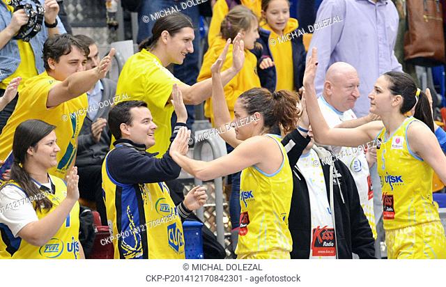 From right Sonja Petrovicova and Laia Palauova of USK are seen during the Women's Basketball European League 7th round match of A group