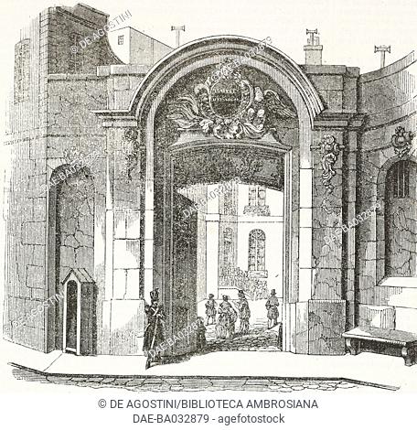 Entrance of the new Savings Bank at 5 Rue Coq-Heron, Paris, France, illustration from L'Illustration, Journal Universel, No 109, volume V, March 29, 1845