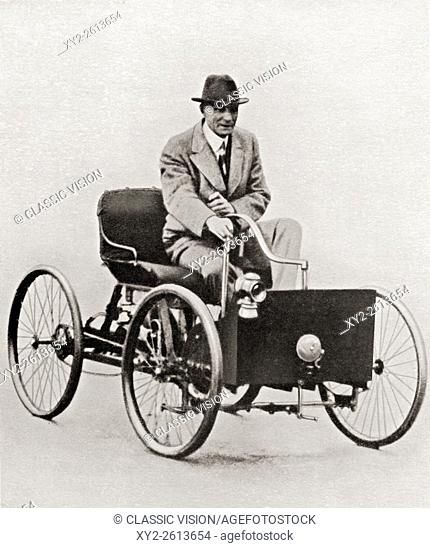 Henry Ford, 1863-1947. American industrialist, founder of the Ford Motor Company, seen here in the first Ford car, the Ford Quadricycle, built in 1896