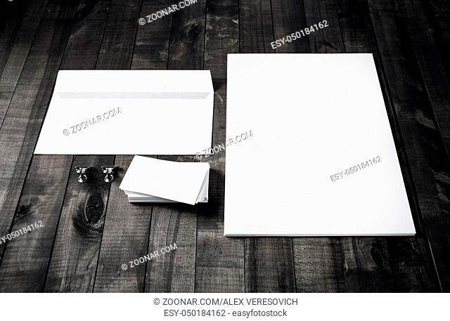 Branding stationery mockup on wood table background. Blank objects for placing your design