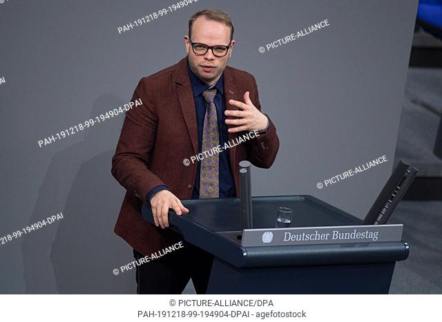18 December 2019, Berlin: Helge Lindh (SPD) speaks at the 136th session of the German Bundestag. The discussion will take place in a topical hour on ""Civil...