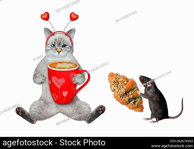 An ashen cat in a headband drinks coffee near a rat with a pistachio croissant. White background. Isolated