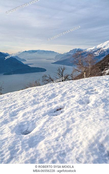 Winter view of Lake Como Vercana mountains High Lario Lombardy Italy Europe
