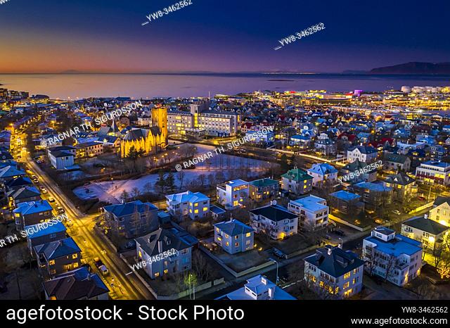 Twilight, Reykjavik, Iceland. This image is shot using a drone