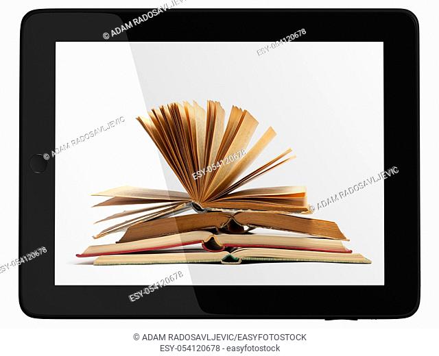 Book and generic teblet computer 3D model isolated on white, digital library concept