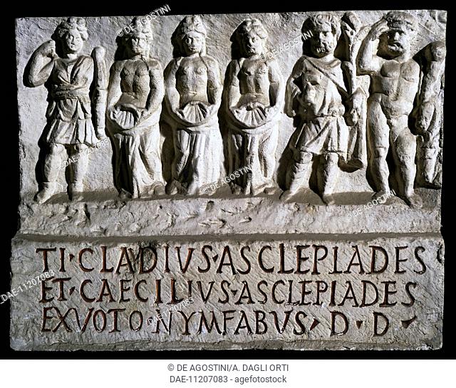 Aclepiade, Diana, the three nymphs, Silvanus, and Hercules, relief dedicated to the nymphs by Tiberius Claudius. Roman Civilisation, 1st century