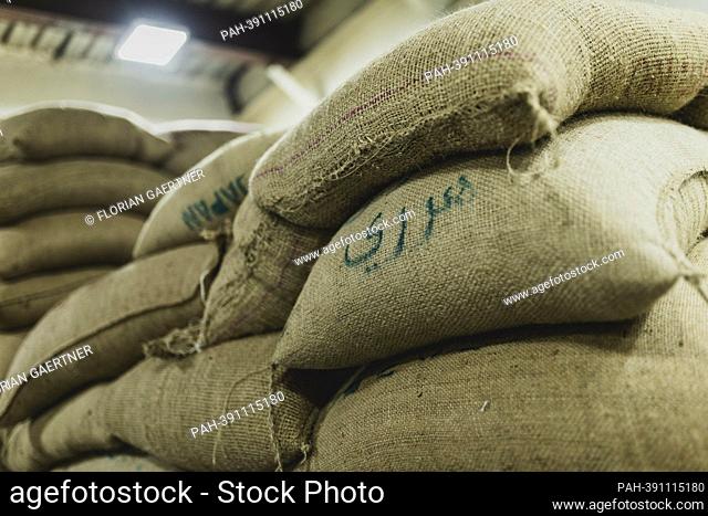Sacks of coffee beans, photographed in a coffee roastery in Addis Ababa, January 13, 2023. - Addis Ababa/