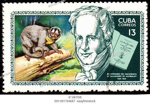 Alexander von Humboldt and monkey on post stamp
