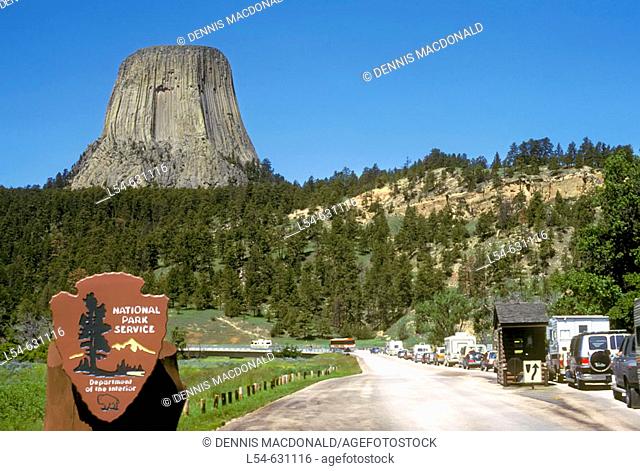 Visitors at the entrance to Devils Tower National Monument Wyoming. USA