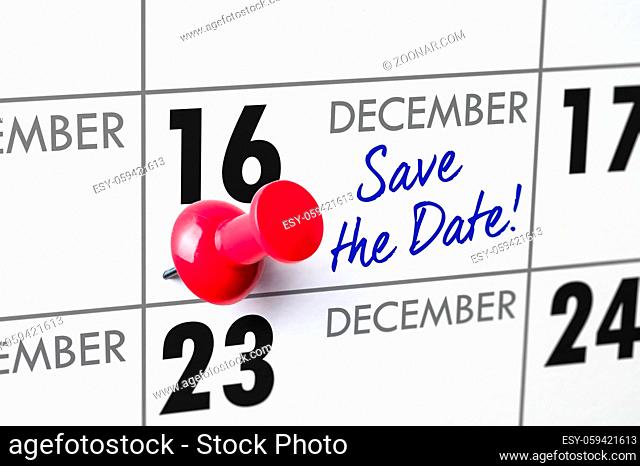 Wall calendar with a red pin - December 16