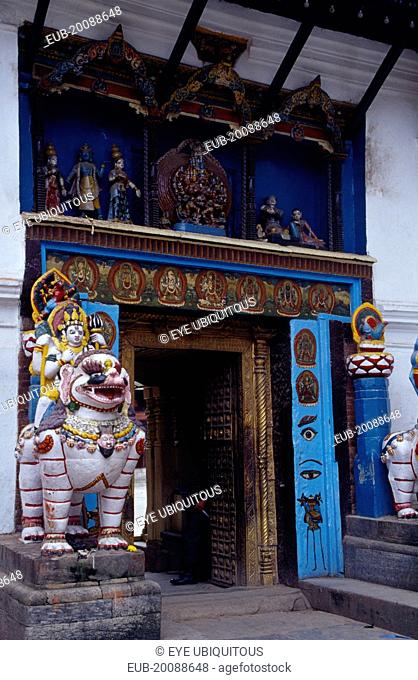 Dubar Square. Royal Palace or Hanuman Dhoka. Statue of Shakti riding a lion next to private entrance to palace