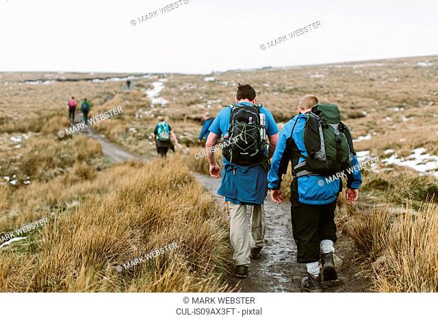 Hikers crossing moor, Yorkshire Dales National Park, England
