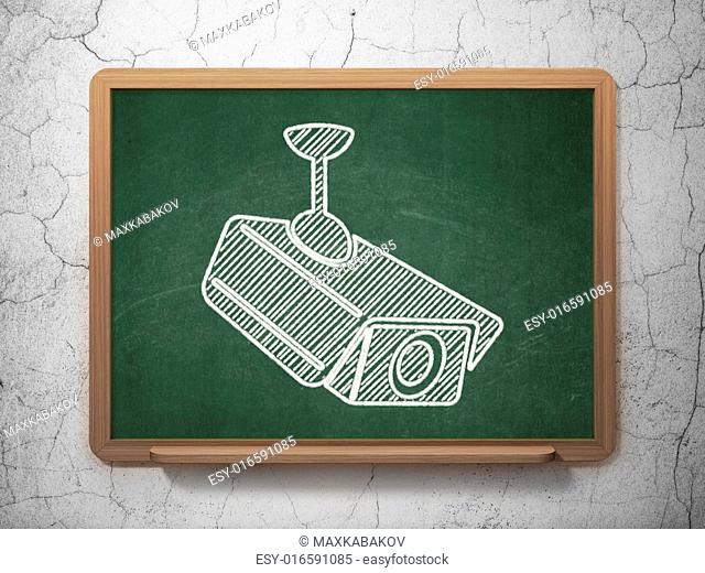 Privacy concept: Cctv Camera icon on Green chalkboard on grunge wall background, 3d render