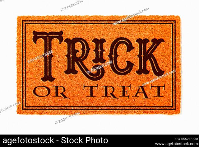 Trick Or Treat Halloween Orange Welcome Mat Isolated on White Background