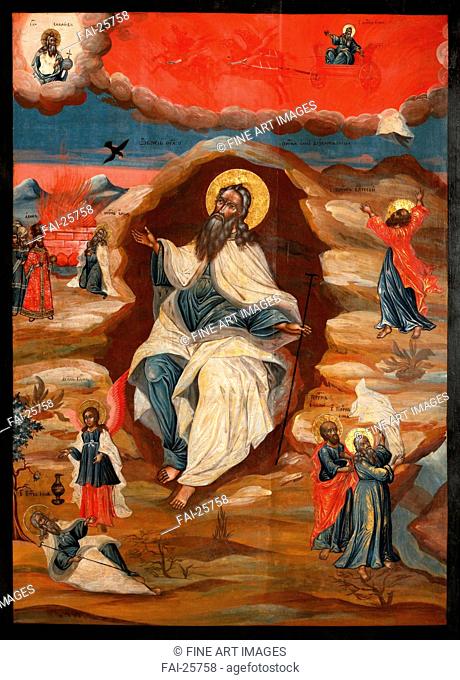 The Prophet Elijah in the Wilderness. Russian icon . Tempera on panel. Russian icon painting. Late 18th cent. . Russia. Private Collection. Bible