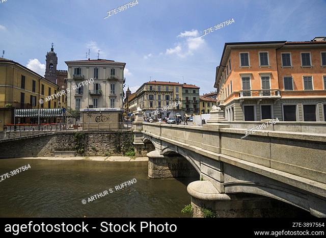 Lions Bridge and Roman Bridge of Arena over Lambro River. Monza, Lombardy, Italy