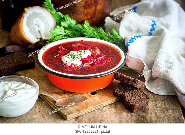 Traditional Russian and Ukrainian soup from beetroot called Borscht