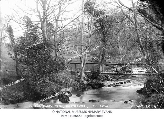 In the Fairy Glen, Rostrevor, Co. Down - a view of the river and trees and wooden bridge going over the river. (Location: Northern Ireland; County Down;...