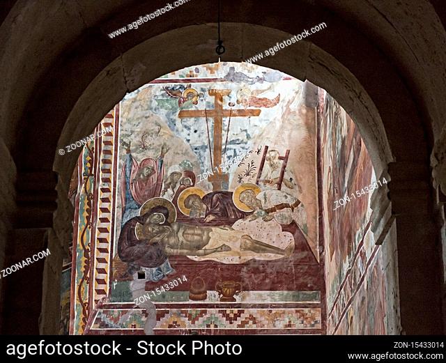 Wandmalereien in der Georgisch-Orthodoxen Gottesmutterkirche mit der Darstellung der Grablegung Christi, mittelalterlicher Klosterkomplex Gelati UNESCO...