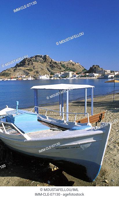 View of the Castle from a beach, Myrina , Lemnos, Northeastern Aegean, Greece