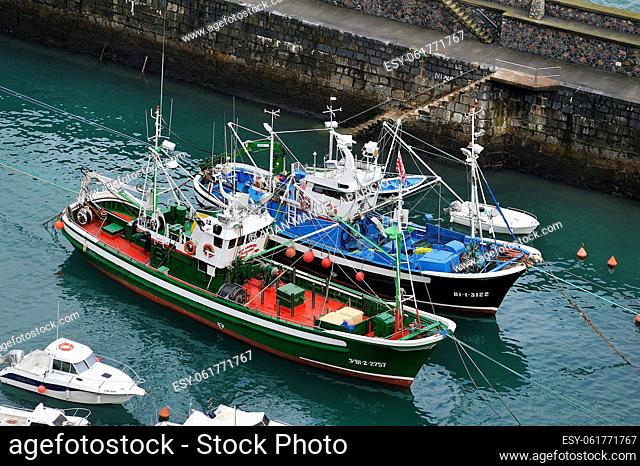 Fishing boats moored in the port of Elanchove (Elantxobe) in the Basque Country, Spain