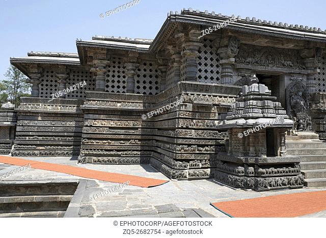 Windows and friezes, small towers, Shantaleswara shrine, Hoysaleshvara Temple, Halebid, Karnataka, india, View from East