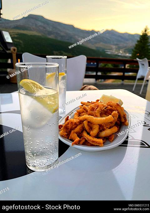 Rabas serving with soft drink. Cantabria, Spain