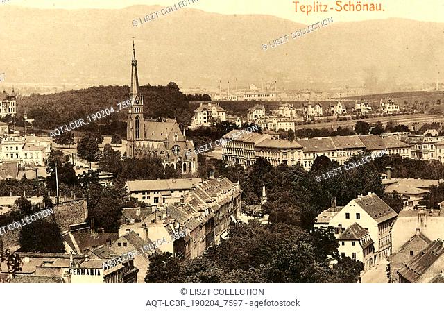 Churches in Teplice, Buildings in Teplice, 1906, Ústí nad Labem Region, Teplitz, Schönau, Stadt mit Kirche, Czech Republic
