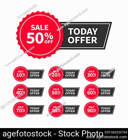 Sale tags or banners set with text Today Offer for use in ad, web and print design. Trendy badges template, up to 10, 20, 30, 40, 50, 60, 70, 80, 90 percent off