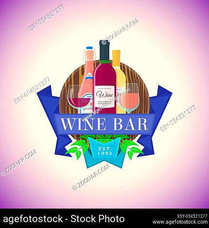 vector colorful flat design wine bar sign template with rose sparkling, white and red wine bottles and various glasses on wood textured board with green leaves...