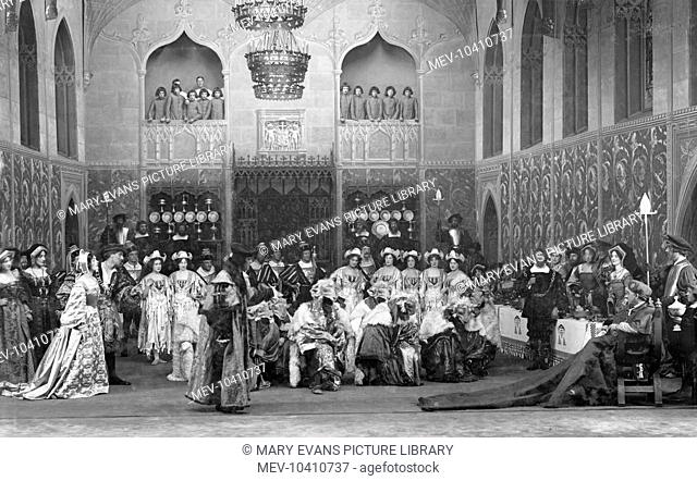 A scene from Shakespeare's play, Henry VIII, in a production by Herbert Beerbohm Tree at His Majesty's Theatre, London. The production opened in 1910