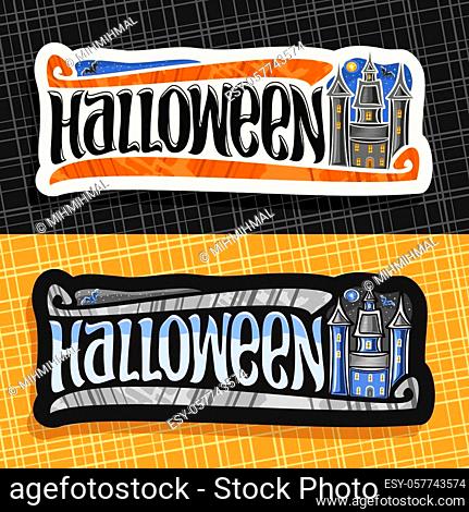 Vector labels for Halloween holiday, white and black signs with castle on background of night sky, moon and bat, original brush typeface for word halloween
