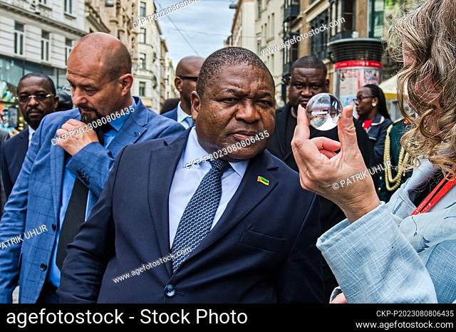 Mozambican President Filipe Nyusi, center, visits Brno, Czech Republic, on August 8, 2023, during his official visit to the Czech Republic