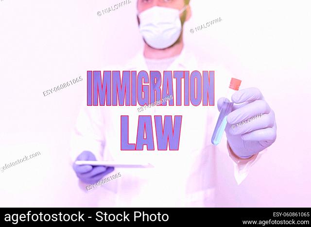 Text showing inspiration Immigration Law, Internet Concept Emigration of a citizen shall be lawful in making of travel Researcher Displaying Liquid Sample