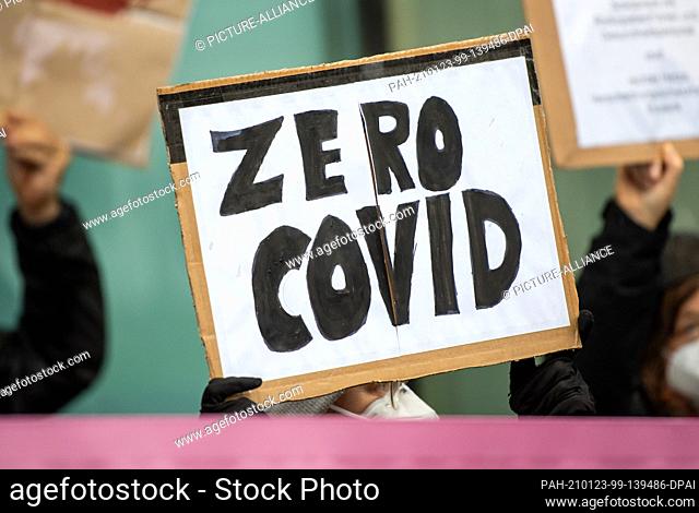 23 January 2021, Berlin: At a demonstration of the Interventionist Left under the slogan ""Free the patents - Corona vaccine for all!"" in front of a Pfizer...