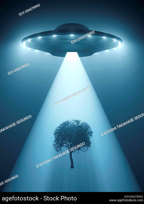 Unidentified flying object flying at night and levitating a tree with the tractor beam. 3D illustration