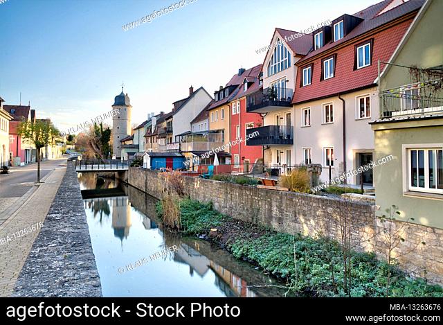 Weisser Turm, Breitbach, river, house facades, water reflection, historic town center, Marktbreit am Main, Kitzingen district, Lower Franconia, Franconia