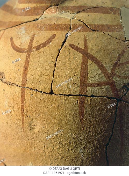 Amphora from Kadmeion of Thebes (Greece). Detail: an inscription in Linear B. Mycenaean Civilization, late 14th Century BC.  Tebe, Museo Archeologico