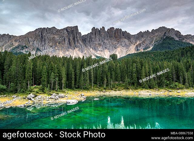 Latemar mountain and Karersee, Dolomites, South Tyrol, Italy