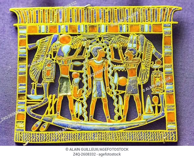 Egypt, Cairo, Egyptian Museum, pectoral in the shape of a shrine, found in the tomb of the queen Ahhotep, the mother of Ahmosis, Dra Abu el Naga, Luxor