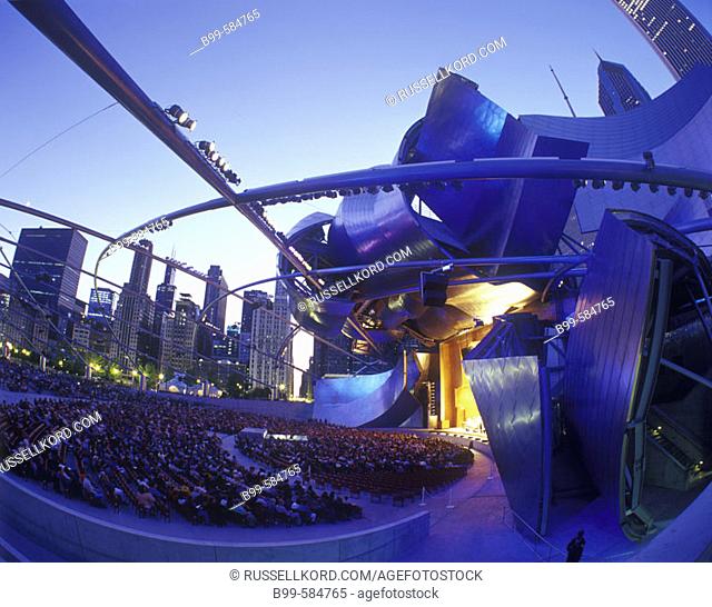 Pritzker Pavilion, Millennium Park & Downtown Skyline, Chicago, Illinois, Usa