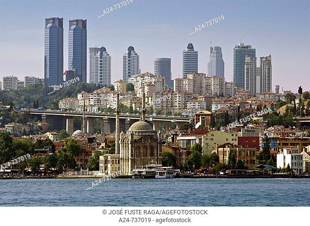 Ortakoy Mosque and Levent financial district skyline, Istanbul, Turkey