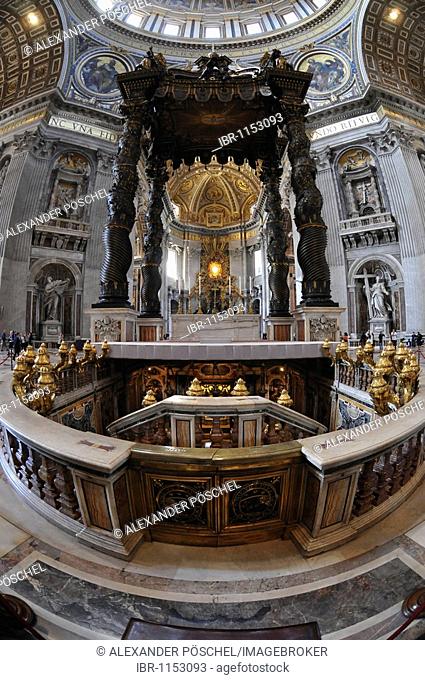 Apse, Cathedra Petri, St. Peter's Tomb, canopy by Bernini, fisheye, St. Peter's Basilica, historic city centre, Vatican City, Italy, Europe