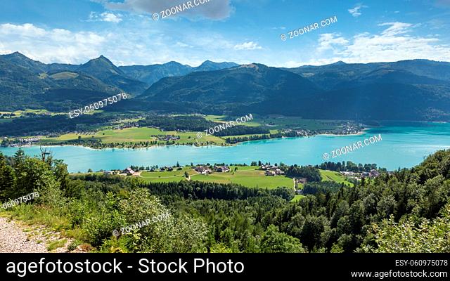 Aerial view at Austrian Wolfgangsee from top of Schafberg near Sankt Wolfgang
