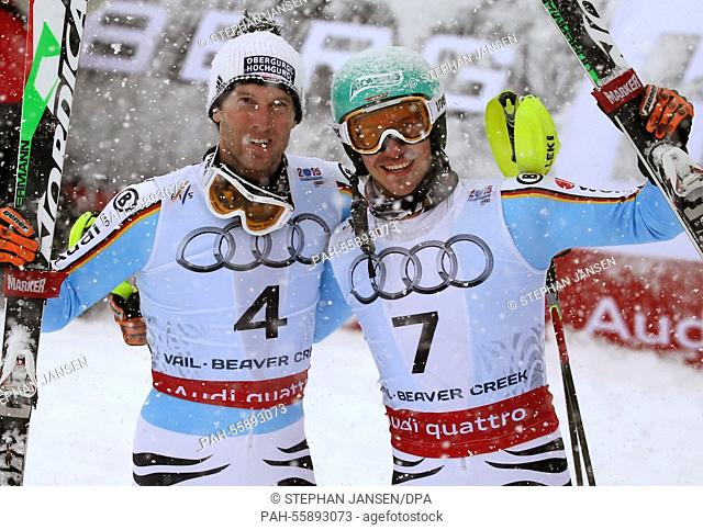 Felix Neureuther (R) and Fritz Dopfer of Germany react after the mens slalom at the Alpine Skiing World Championships in Vail - Beaver Creek, Colorado, USA
