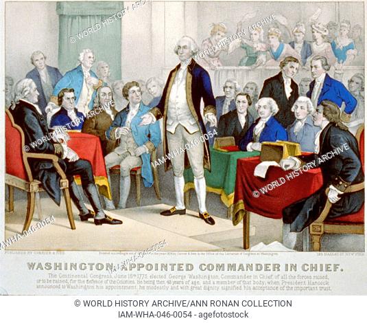 Washington, appointed Commander in Chief of the Continental Army during the American Revolutionary War. George Washington standing on a platform surrounded by...