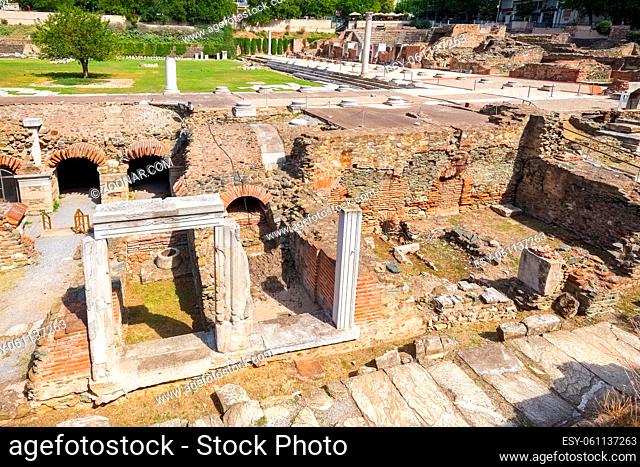Ruins of ancient Greek Agora (later Roman Forum) in Thessaloniki. Macedonia, Greece, Europe